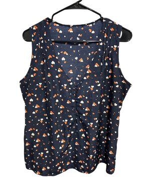 Womens Navy Heart Print Button Accent V-Neck Sleeveless Blouse Coquette Preppy